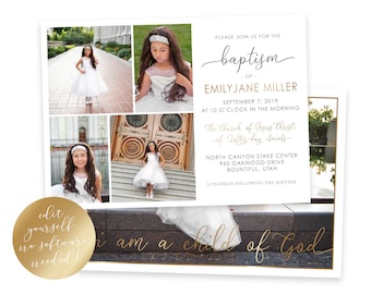 Gold LDS Baptism Invitation for Girl: Photo Collage (Digital Download)