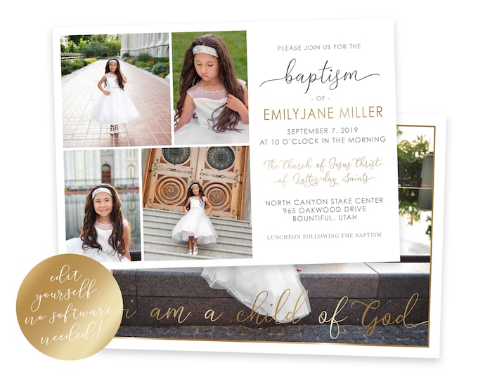 LDS Baptism Invitation | LDS Baptism Invitation Girl | Gold Baptism Invitation | Simple LDS Baptism | Baptism Invitations Girl | Corjl