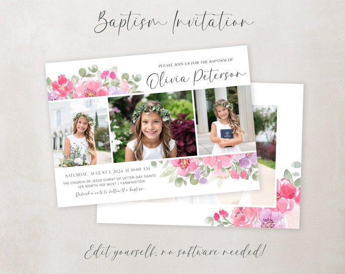 LDS Baptism Invitation Girl Floral Baptism Invite Girl Baptism Invitation Customizable Template Edit with Corjl Instant Download
