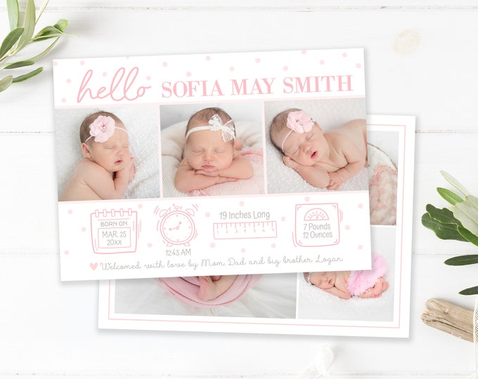 Girl Birth Announcement Template | Hello Birth Stats Announcement | Birth Announcement Template | Birth Announcement Card Girl | Photoshop