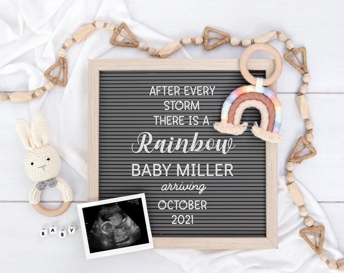 Rainbow Baby Digital Pregnancy Announcement | Gender Neutral | Editable Letter Board for Social Media | Digital Baby Reveal | Corjl
