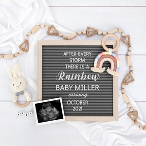 Anuncio de embarazo digital Rainbow Baby, Género neutro, Tablero de letras editable para redes sociales, Revelación digital de bebés, Corjl