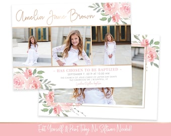 Floral LDS Baptism Invitation Girl: Photo Template (Digital)