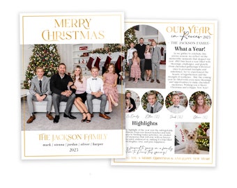Minimalist Christmas Card Template: Gold Family Photo, Year in Review (Photoshop)