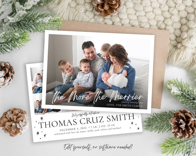 Christmas Card Birth Announcement | The More The Merrier Christmas Card | Birth Announcement Template | Holiday Birth Announcement | Corjl