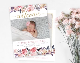 welcome baby girl floral birth announcement template girl etsy
