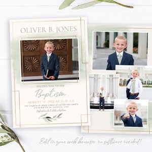 May include: A green and gold baptism invitation featuring a photo collage of a young boy in a suit. The invitation includes the boy's name, the date and time of the baptism, and the location of the church.