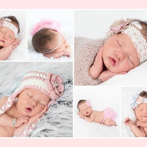 May include: A collage of six images featuring a newborn baby wearing different pink and white accessories. The baby is sleeping in each image, with different poses and props. The accessories include a crocheted hat, a lace headband, and a knitted blanket.