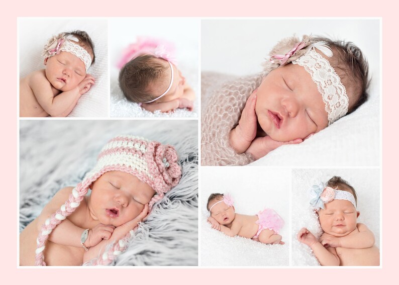 May include: A collage of six images featuring a newborn baby wearing different pink and white accessories. The baby is sleeping in each image, with different poses and props. The accessories include a crocheted hat, a lace headband, and a knitted blanket.