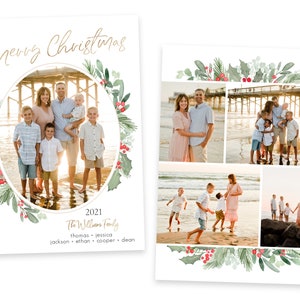 Puede incluir: Una tarjeta de Navidad con una corona verde y blanca con bayas rojas. La tarjeta presenta una foto familiar con el texto "Feliz Navidad 2021 La familia Williams Thomas, Jessica, Jackson, Ethan, Cooper, Dean".