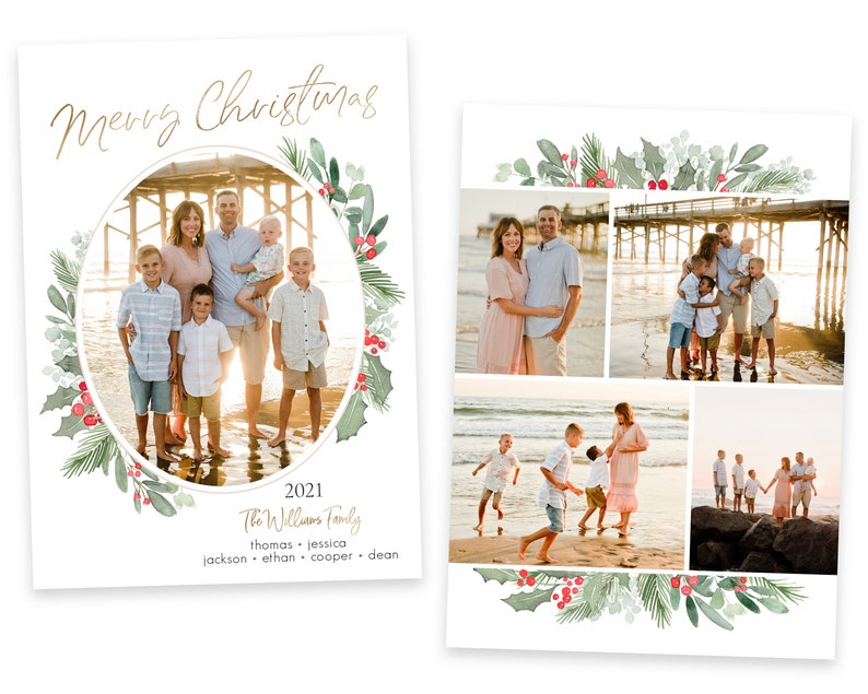 Puede incluir: Una tarjeta de Navidad con una corona verde y blanca con bayas rojas. La tarjeta presenta una foto familiar con el texto "Feliz Navidad 2021 La familia Williams Thomas, Jessica, Jackson, Ethan, Cooper, Dean".