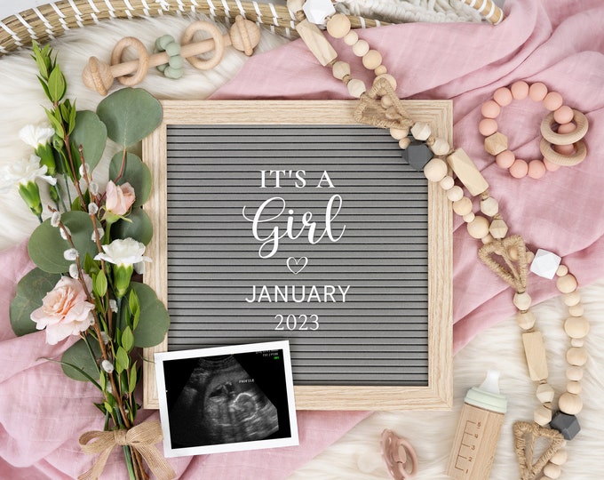 Digital Pregnancy Announcement | Edit Yourself Baby Girl Announcement for Social Media | It's a girl | Gender Reveal | Letterboard | Corjl