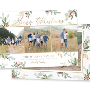 May include: A Christmas card with a white background and a gold border. The card features a collage of three photos of a family, with a green and gold floral design around the photos. The text "Merry Christmas" is written in gold script at the top of the card. The text "The Miller Family" is written in gold script below the photos, followed by the names of the family members and the year "Twenty Twenty".