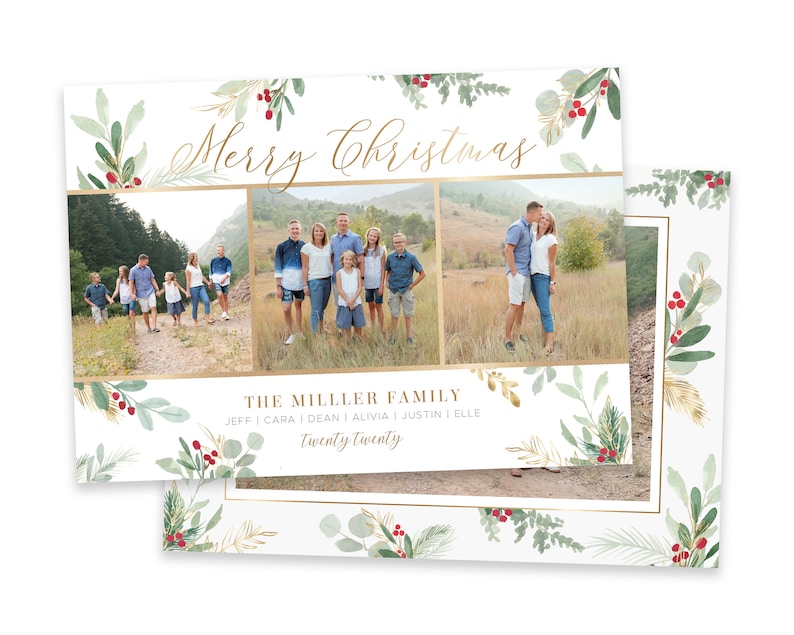 May include: A Christmas card with a white background and a gold border. The card features a collage of three photos of a family, with a green and gold floral design around the photos. The text "Merry Christmas" is written in gold script at the top of the card. The text "The Miller Family" is written in gold script below the photos, followed by the names of the family members and the year "Twenty Twenty".