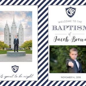 May include: A blue and white striped background with a white rectangle in the center. The rectangle contains a photo of a young boy in a suit standing in front of a large white building. The text "its great to be eight" is below the photo. The right side of the background contains a white rectangle with the text "WELCOME TO THE BAPTISM of Jacob Brown" and a photo of the boy in a suit. The text "NOVEMBER 4, 2018" is below the photo.