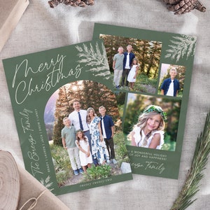 May include: A green Christmas card with a white handwritten message that says "Merry Christmas". The card has a collage of family photos with a white border around each photo. The text "The Sorenger Family" is written in white cursive on the left side of the card. The names of the family members are listed below the family name. The text "twenty twenty-two" is written in white at the bottom of the card. The text "Wishing you a wonderful holiday of joy and happiness!" is written in white cursive on the right side of the card. The text "Sorenger Family" is written in white cursive below the message.