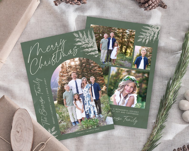 May include: A green Christmas card with a white handwritten message that says "Merry Christmas". The card has a collage of family photos with a white border around each photo. The text "The Sorenger Family" is written in white cursive on the left side of the card. The names of the family members are listed below the family name. The text "twenty twenty-two" is written in white at the bottom of the card. The text "Wishing you a wonderful holiday of joy and happiness!" is written in white cursive on the right side of the card. The text "Sorenger Family" is written in white cursive below the message.