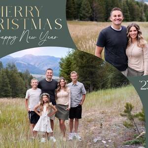 May include: A Christmas card featuring a family of five standing in a field with a mountain range in the background. The card has a green and gold colour scheme and the text "Merry Christmas & Happy New Year" at the top. The text "The Miller Family '23" is at the bottom of the card.