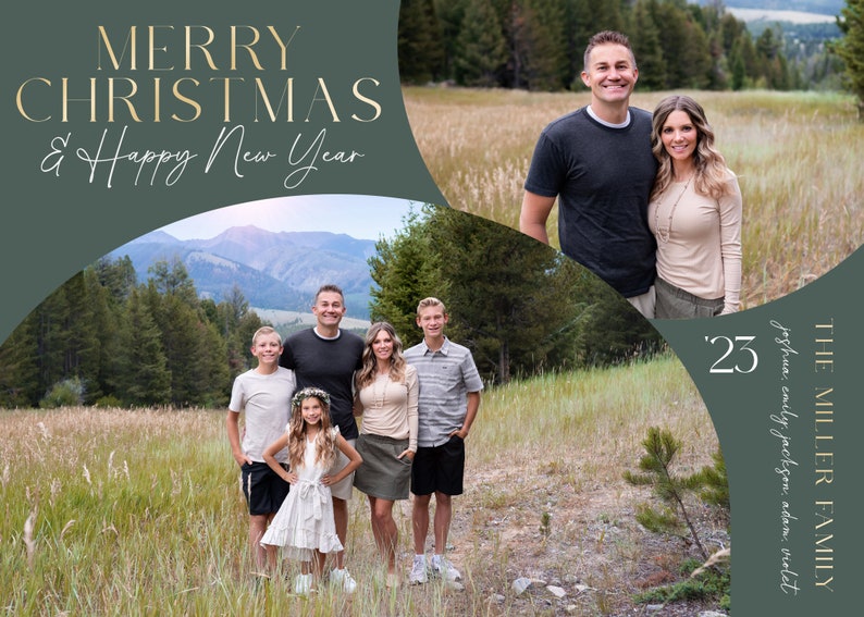 May include: A Christmas card featuring a family of five standing in a field with a mountain range in the background. The card has a green and gold colour scheme and the text "Merry Christmas & Happy New Year" at the top. The text "The Miller Family '23" is at the bottom of the card.
