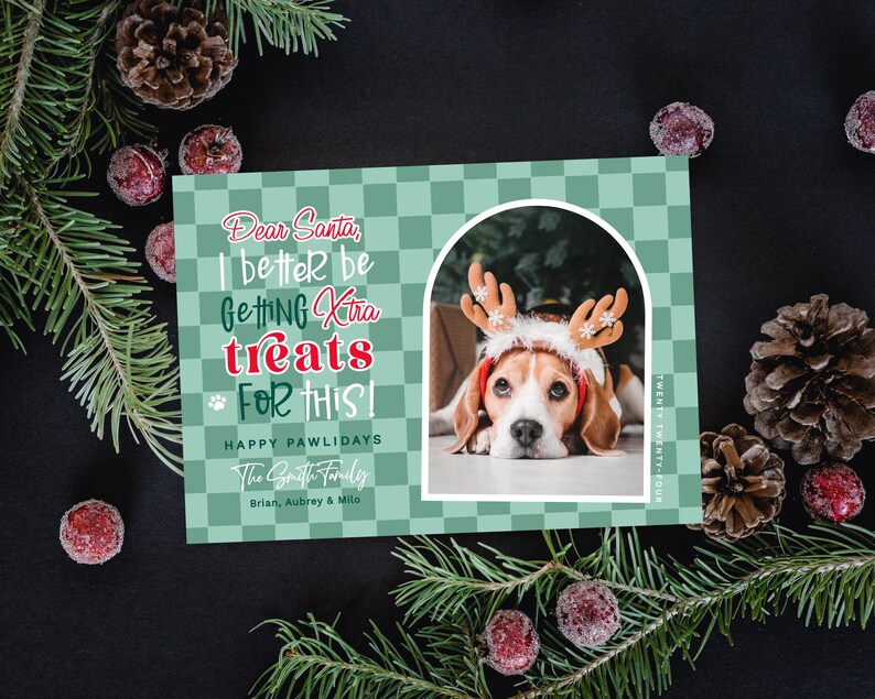 May include: A holiday greeting card with a beagle wearing reindeer antlers. The card has a green checkered pattern and text that reads "Dear Santa, I better be getting extra treats for this!" and "Happy Pawlidays."