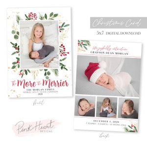 May include: Christmas card with a watercolor floral border and gold glitter. The front features a photo of a family with a newborn baby. The back features photos of the baby and the text "We joyfully introduce Grayson Dean Morgan - December 4, 2020 - 7 pounds, 9 ounces, 22 inches long".