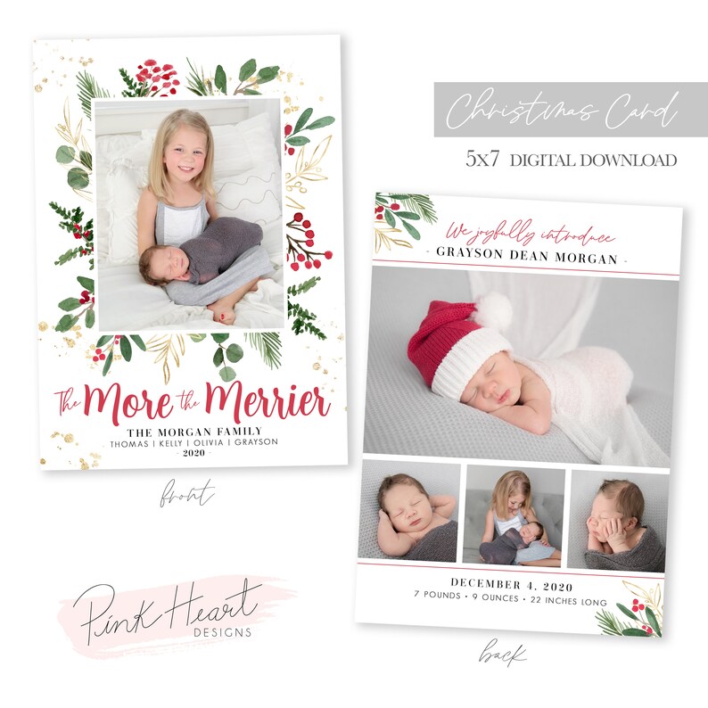May include: Christmas card with a watercolor floral border and gold glitter. The front features a photo of a family with a newborn baby. The back features photos of the baby and the text "We joyfully introduce Grayson Dean Morgan - December 4, 2020 - 7 pounds, 9 ounces, 22 inches long".