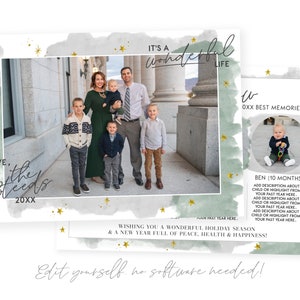 May include: A Christmas card featuring a family portrait with a watercolor background and gold stars. The text "LOVE, the Steeds 20XX" is in the bottom left corner. The text "IT'S A wonderful LIFE" is in the top right corner. The text "W  OXX BEST MEMORIES" is in the top right corner. The text "BEN (10 MONTHS) ADD DESCRIPTION ABOUT CHILD OR HIGHLIGHT FROM YOUR PAST YEAR HERE. ADO DESCRIPTION ABOUT CHILD OR HIGHLIGHT FROM YOUR PAST YEAR HERE. ADD DESCRIPTION ABOUT CHILD OR HIGHLIGHT FROM YOUR PAST YEAR HERE." is in the bottom right corner. The text "WISHING YOU A WONDERFUL HOLIDAY SEASON & A NEW YEAR FULL OF PEACE, HEALTH & HAPPINESS!" is in the bottom center.