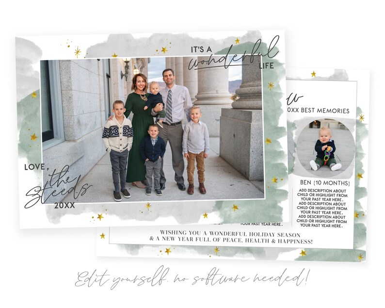 May include: A Christmas card featuring a family portrait with a watercolor background and gold stars. The text "LOVE, the Steeds 20XX" is in the bottom left corner. The text "IT'S A wonderful LIFE" is in the top right corner. The text "W  OXX BEST MEMORIES" is in the top right corner. The text "BEN (10 MONTHS) ADD DESCRIPTION ABOUT CHILD OR HIGHLIGHT FROM YOUR PAST YEAR HERE. ADO DESCRIPTION ABOUT CHILD OR HIGHLIGHT FROM YOUR PAST YEAR HERE. ADD DESCRIPTION ABOUT CHILD OR HIGHLIGHT FROM YOUR PAST YEAR HERE." is in the bottom right corner. The text "WISHING YOU A WONDERFUL HOLIDAY SEASON & A NEW YEAR FULL OF PEACE, HEALTH & HAPPINESS!" is in the bottom center.