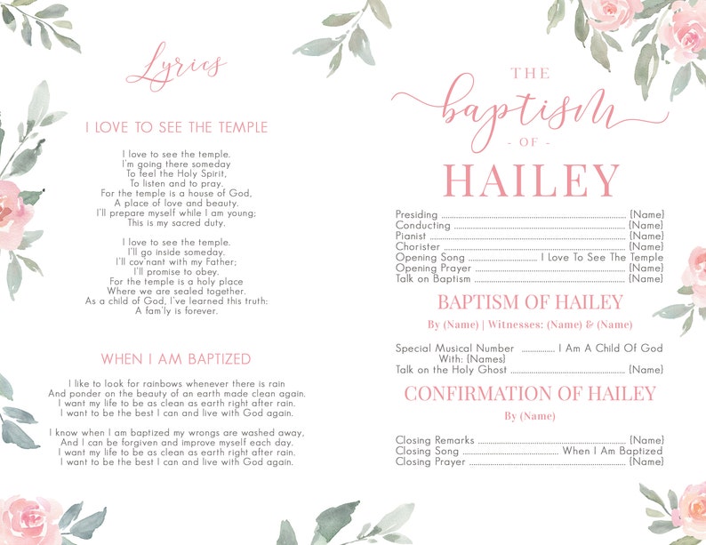 Floral Baptism Program Girl - Editable LDS Template (instant Download ...