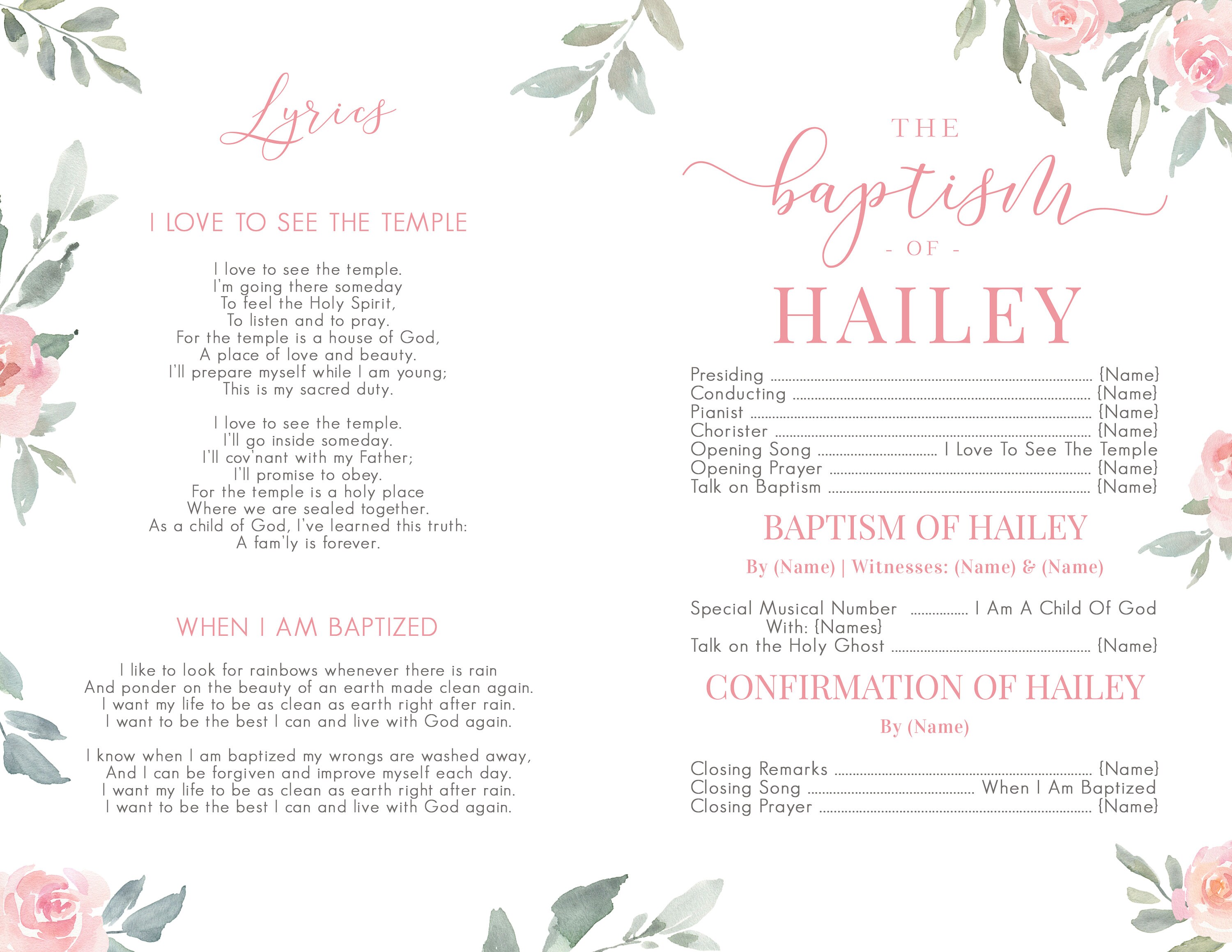 Baptism Program Girl LDS Baptism Program Editable Baptism Program 