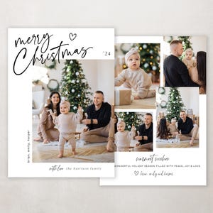 May include: A Christmas card with a collage of photos of a family with a young child. The card has the text "merry Christmas '24" and "warmest wishes WONDERFUL HOLIDAY SEASON FILLED WITH PEACE, JOY & LOVE ♡ brian, emily and harper"
