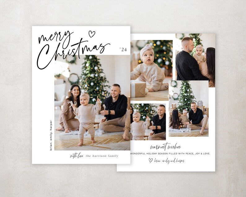 May include: A Christmas card with a collage of photos of a family with a young child. The card has the text "merry Christmas '24" and "warmest wishes WONDERFUL HOLIDAY SEASON FILLED WITH PEACE, JOY & LOVE ♡ brian, emily and harper"