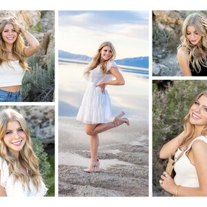 K&ouml;nnte beinhalten: Eine Collage aus vier Fotos, die eine junge Frau mit langen blonden Haaren zeigen, die verschiedene Outfits tr&auml;gt. Auf dem ersten Foto tr&auml;gt sie ein wei&szlig;es Crop-Top und eine blaue Jeans. Auf dem zweiten Foto tr&auml;gt sie ein wei&szlig;es Kleid und High Heels. Auf dem dritten Foto tr&auml;gt sie ein schwarzes Tanktop. Auf dem vierten Foto tr&auml;gt sie ein wei&szlig;es Tanktop und Jeans.