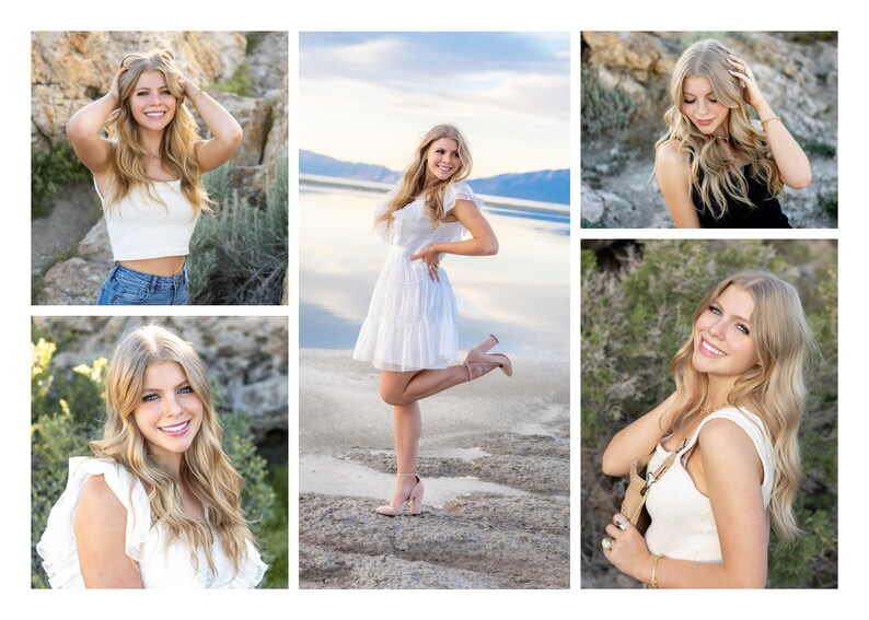 K&ouml;nnte beinhalten: Eine Collage aus vier Fotos, die eine junge Frau mit langen blonden Haaren zeigen, die verschiedene Outfits tr&auml;gt. Auf dem ersten Foto tr&auml;gt sie ein wei&szlig;es Crop-Top und eine blaue Jeans. Auf dem zweiten Foto tr&auml;gt sie ein wei&szlig;es Kleid und High Heels. Auf dem dritten Foto tr&auml;gt sie ein schwarzes Tanktop. Auf dem vierten Foto tr&auml;gt sie ein wei&szlig;es Tanktop und Jeans.