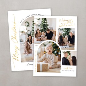 May include: A Christmas card featuring a collage of family photos. The card has a gold script font that says "Merry Christmas" and "Wishing you a joyous holiday season!" The card also includes the text "with love, The Preston Family".