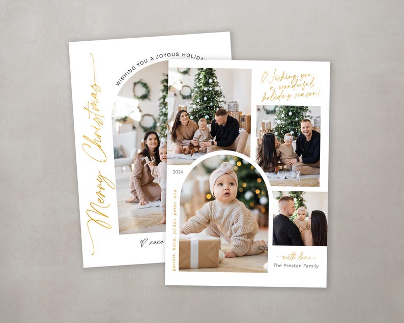May include: A Christmas card featuring a collage of family photos. The card has a gold script font that says "Merry Christmas" and "Wishing you a joyous holiday season!" The card also includes the text "with love, The Preston Family".
