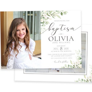 May include: A baptism invitation with a floral design and a photo of a young girl. The invitation announces the baptism of Olivia Jane Williams on August 8, 2020, at 10:00 am at The Church of Jesus Christ of Latter-day Saints in Mesa, Arizona.