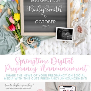 May include: A digital pregnancy announcement template featuring a letter board that reads "We're Eggspecting! Baby Smith October 2022". The announcement is decorated with a garland of colourful felt balls and bunny-shaped wooden ornaments. The template is designed for sharing on social media.