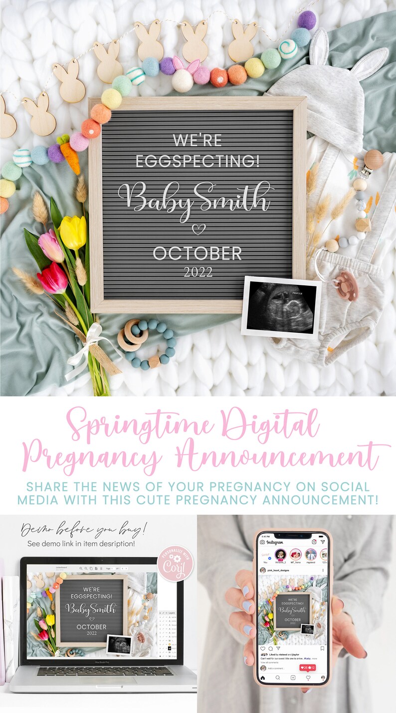 May include: A digital pregnancy announcement template featuring a letter board that reads "We're Eggspecting! Baby Smith October 2022". The announcement is decorated with a garland of colourful felt balls and bunny-shaped wooden ornaments. The template is designed for sharing on social media.
