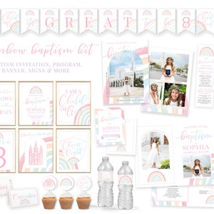 May include: A rainbow baptism kit with a variety of printable items, including invitations, programs, banners, signs, and more. The kit features a rainbow theme with pastel colors and a cute design. The text "I am a Child of God" is featured on one of the signs.