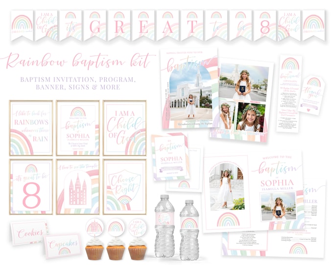 LDS Baptism Bundle Girl | LDS Rainbow Baptism Invitation Girl | Baptism Decorations | Editable Baptism Program | Baptism Printable | Corjl