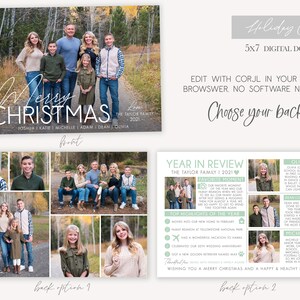 May include: A digital holiday card template with a family photo and a year in review section. The card is 5x7 inches and can be edited online. The text on the card says "Merry Christmas" and "The Taylor Family 2021".