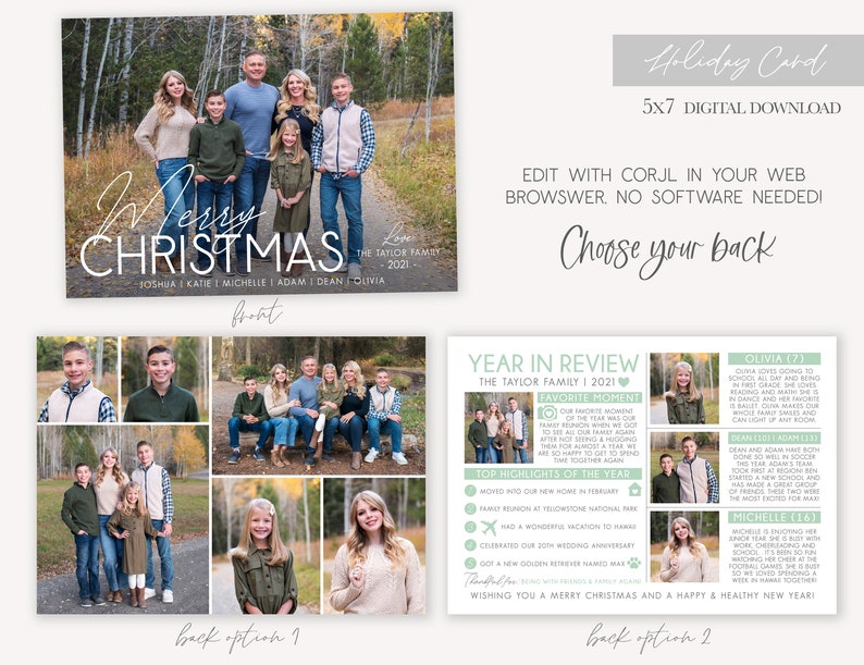 May include: A digital holiday card template with a family photo and a year in review section. The card is 5x7 inches and can be edited online. The text on the card says "Merry Christmas" and "The Taylor Family 2021".