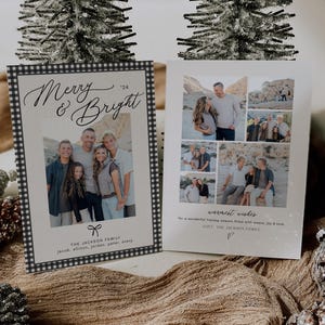 May include: A Christmas card with a black and white checkered border. The card features a photo of a family of five and the text "Merry & Bright '24". The card also includes the family's name and the names of their children. The card has a simple design with a white background and black text.