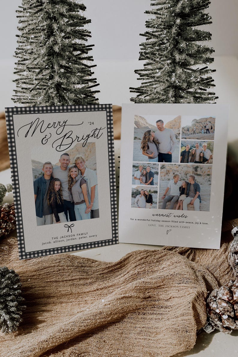 May include: A Christmas card with a black and white checkered border. The card features a photo of a family of five and the text "Merry & Bright '24". The card also includes the family's name and the names of their children. The card has a simple design with a white background and black text.