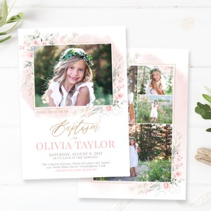 Puede incluir: Una invitación de bautismo floral rosa y blanca con una foto de una niña con un vestido blanco. La invitación incluye el texto "Por favor, únase a nosotros para el bautismo de Olivia Taylor" y la fecha y hora del evento.