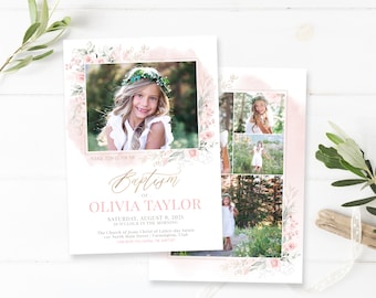 Floral LDS Baptism Invitation Girl: Photo Template (Photoshop)