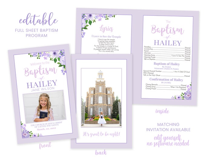 LDS Baptism Program - Baptism Program LDS Girl - Editable Baptism - Program Instant Download - Baptism Program Template - Lavender - Corjl