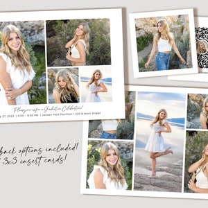 K&ouml;nnte beinhalten: Eine Graduationseinladung mit einer Collage von Fotos einer jungen Frau. Die Einladung enth&auml;lt den Text "Bitte feiern Sie mit uns eine Graduation Celebration!" und Details zur Veranstaltung, einschlie&szlig;lich Datum, Uhrzeit und Ort. Die R&uuml;ckseite der Einladung ist auf dem Bild nicht zu sehen.