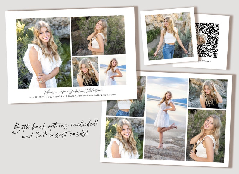 K&ouml;nnte beinhalten: Eine Graduationseinladung mit einer Collage von Fotos einer jungen Frau. Die Einladung enth&auml;lt den Text "Bitte feiern Sie mit uns eine Graduation Celebration!" und Details zur Veranstaltung, einschlie&szlig;lich Datum, Uhrzeit und Ort. Die R&uuml;ckseite der Einladung ist auf dem Bild nicht zu sehen.